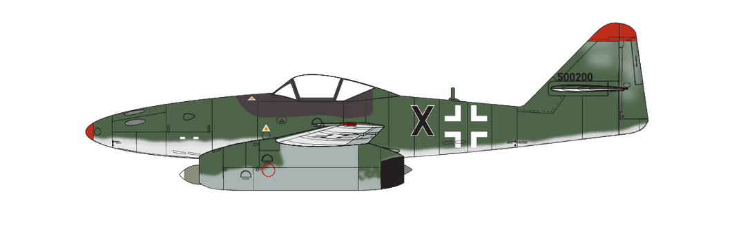 Messerschmitt Me262A-2a, W.Nr.500200, flown by Fj.Ofw. Hans Frölich, 2./Kampfgeschwader 51, Fassberg, Lower Saxony, Germany, 8 May 1945.