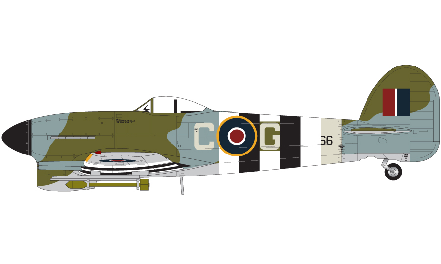 Hawker Typhoon MK.1B, MN666 CG, Wing Commander Charles Green, No. 121 Wing, Royal Air Force Holmsley South, Hampshire, Anglie a B.5 Le Fresne-Camilly, Lower Normandy, Francie, Červen 1944