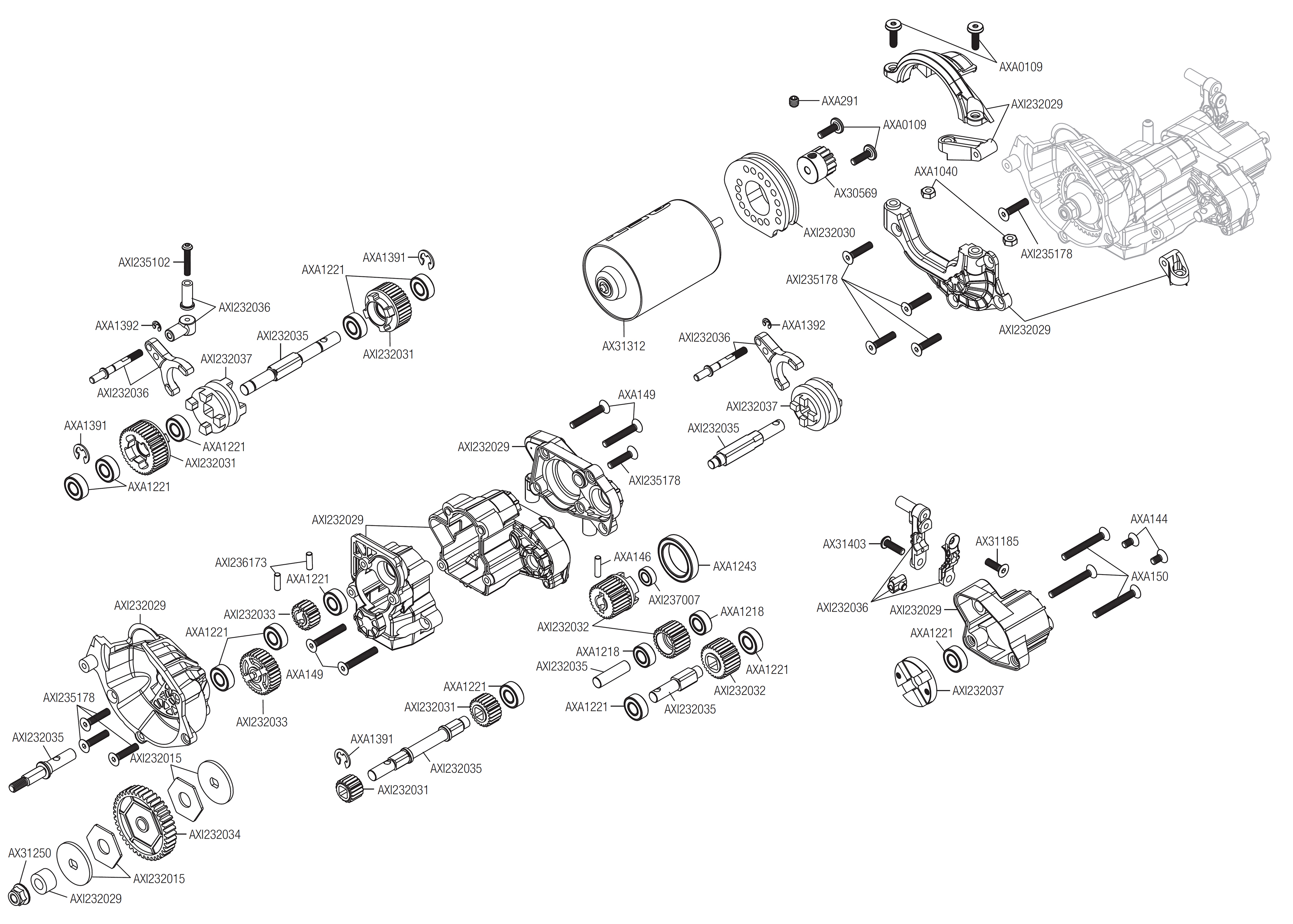 Exploded view: Axial SCX10 III Early Ford Bronco 4WD 1:10