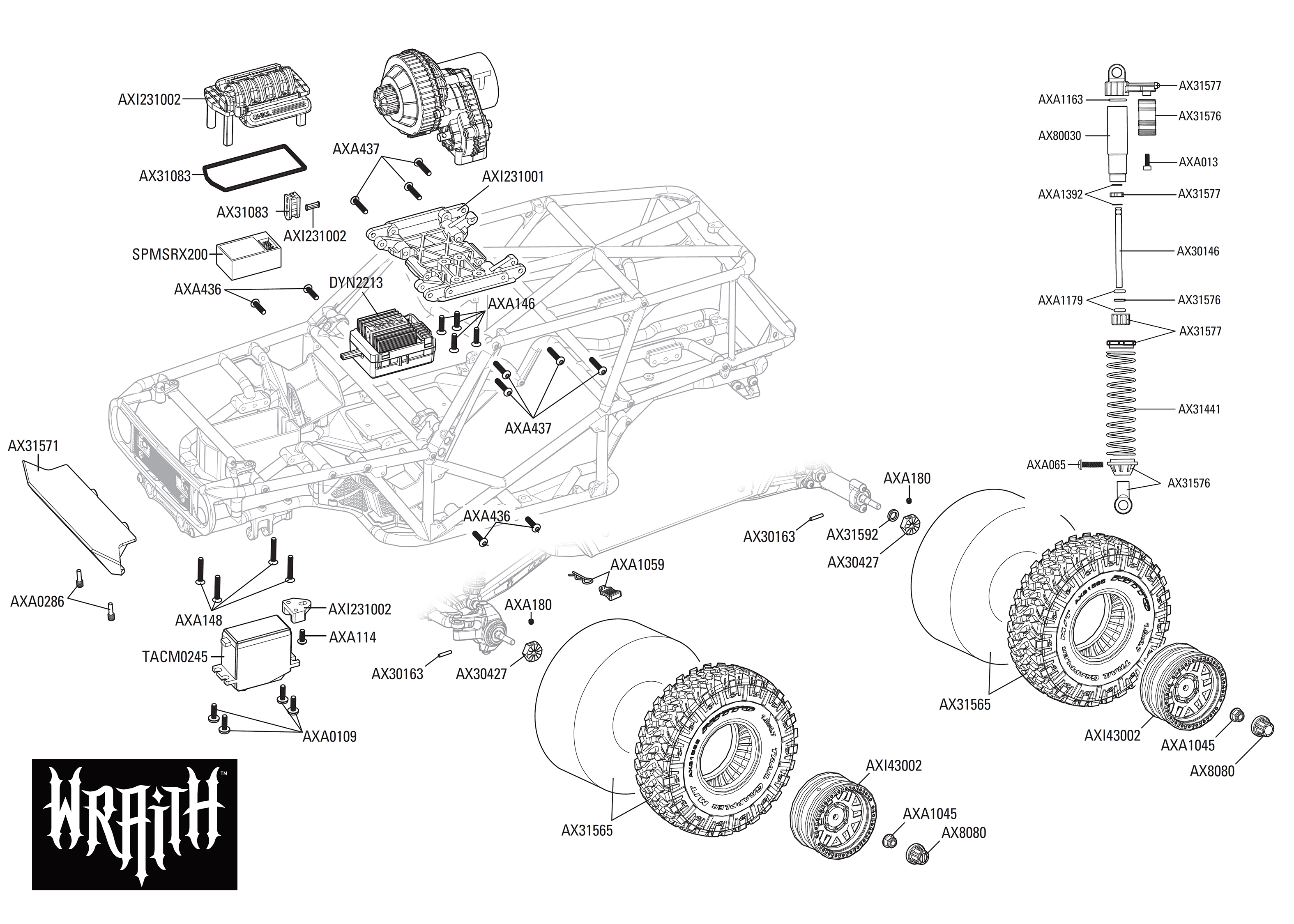 Exploded view: Axial Wraith 1.9 4WD 1:10 RTR - Chassis | Astra