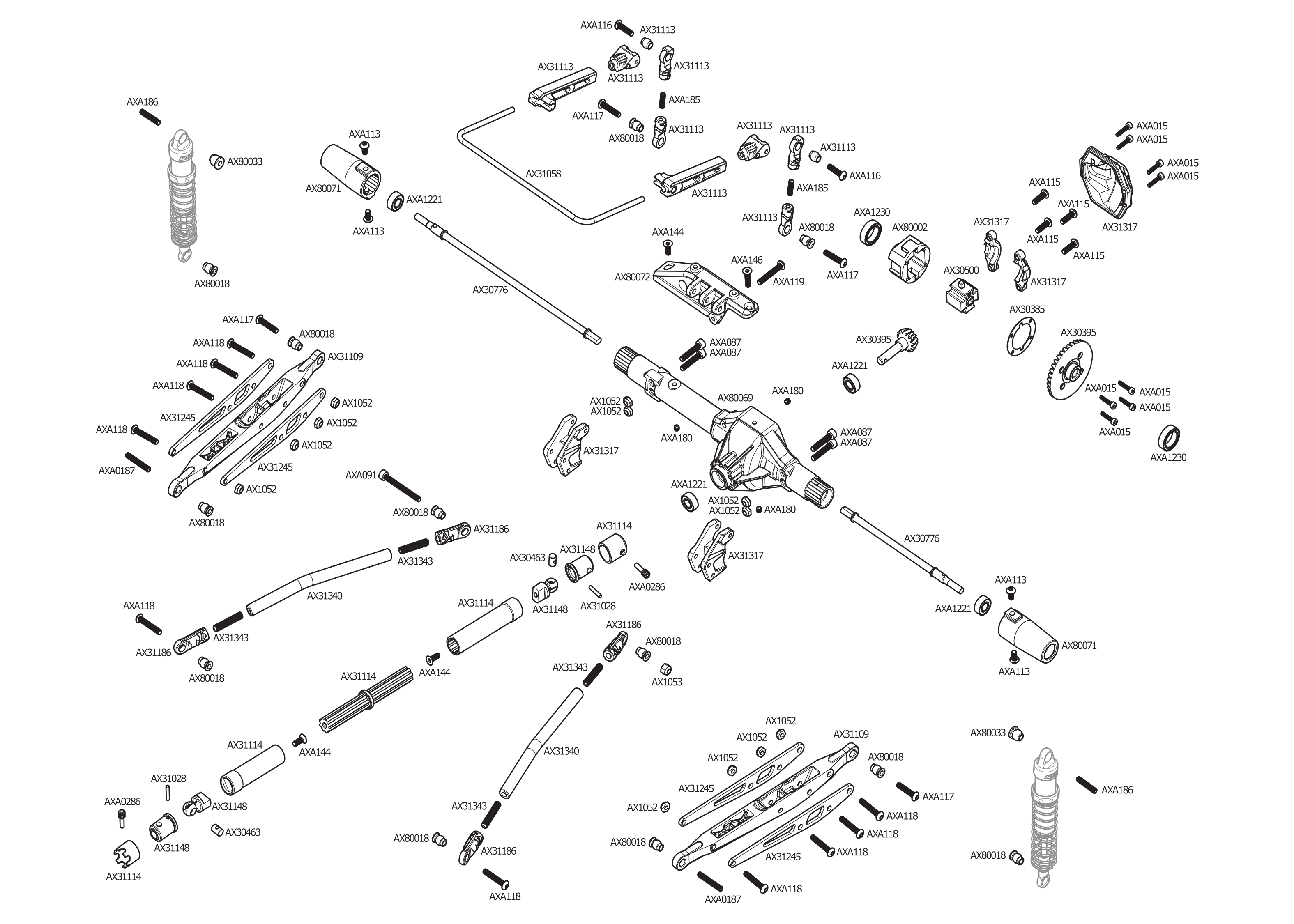 Exploded view: Axial RR10 Bomber 1:10 4WD Kit - Rear part | Astra