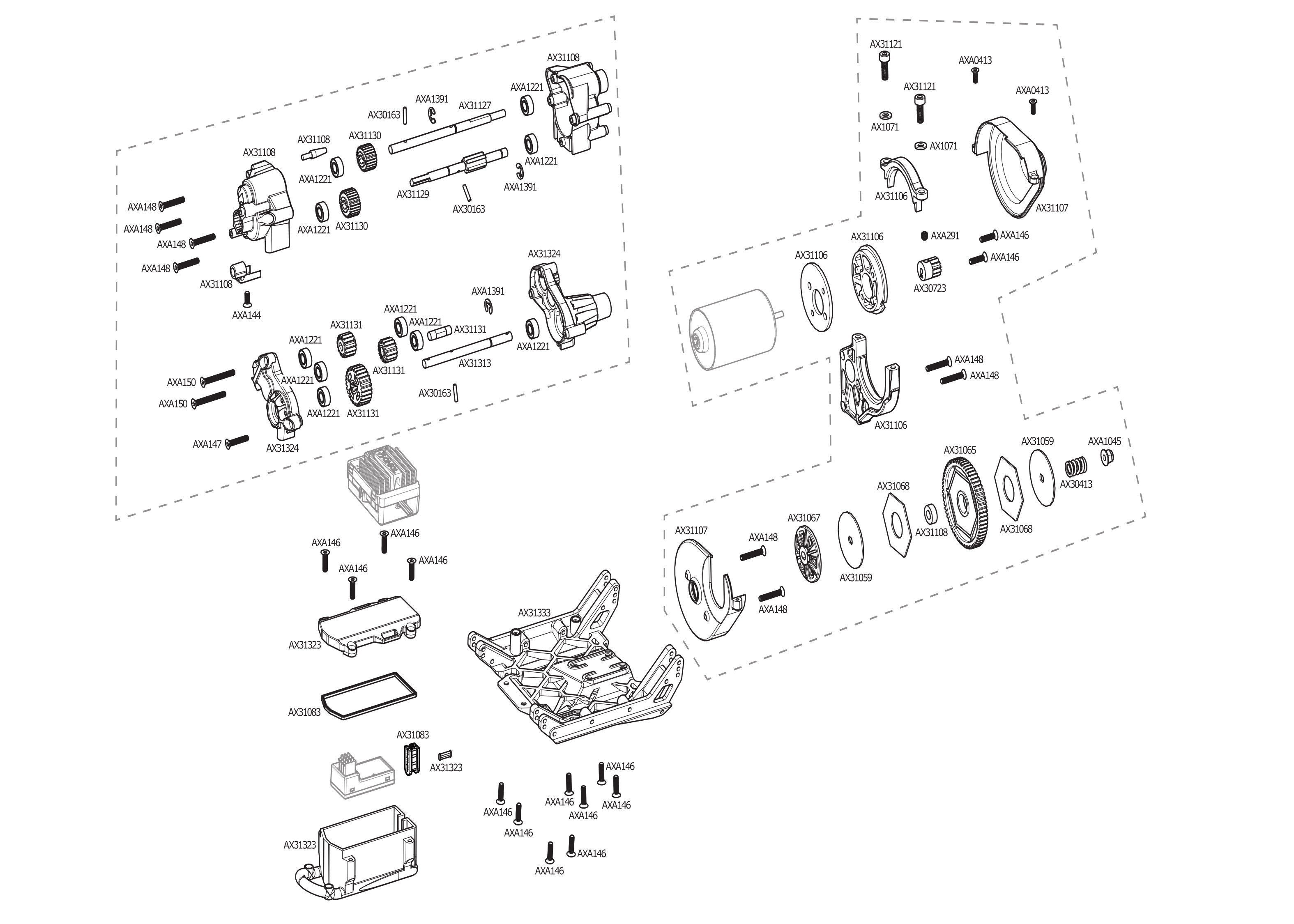 Exploded view: Axial RR10 Bomber 1:10 4WD Kit - Transmission | Astra