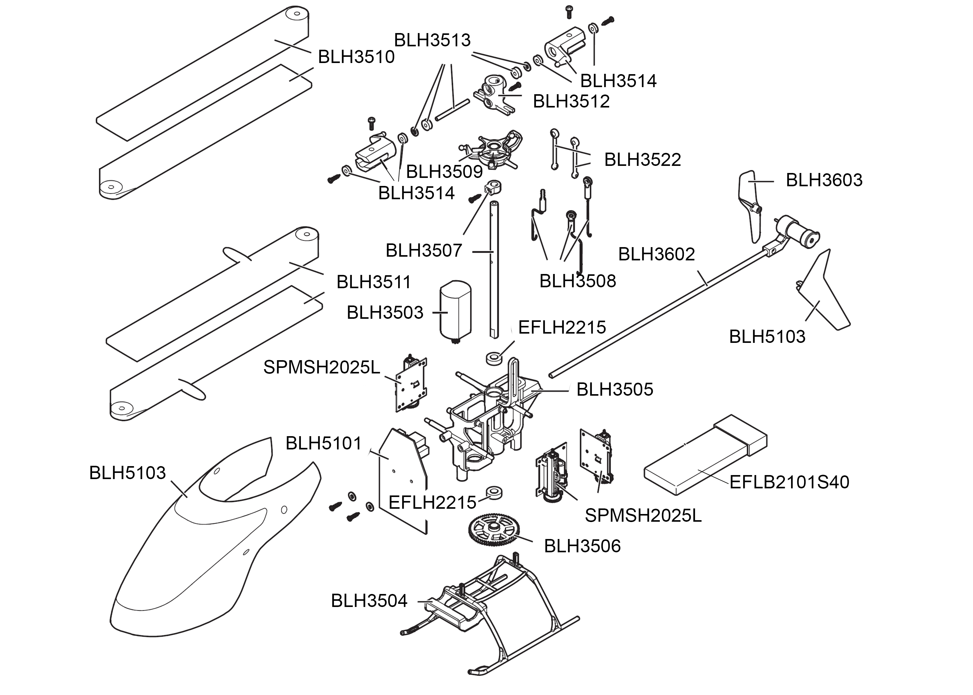 Exploded view Blade mCP S RTF Chassis Astra