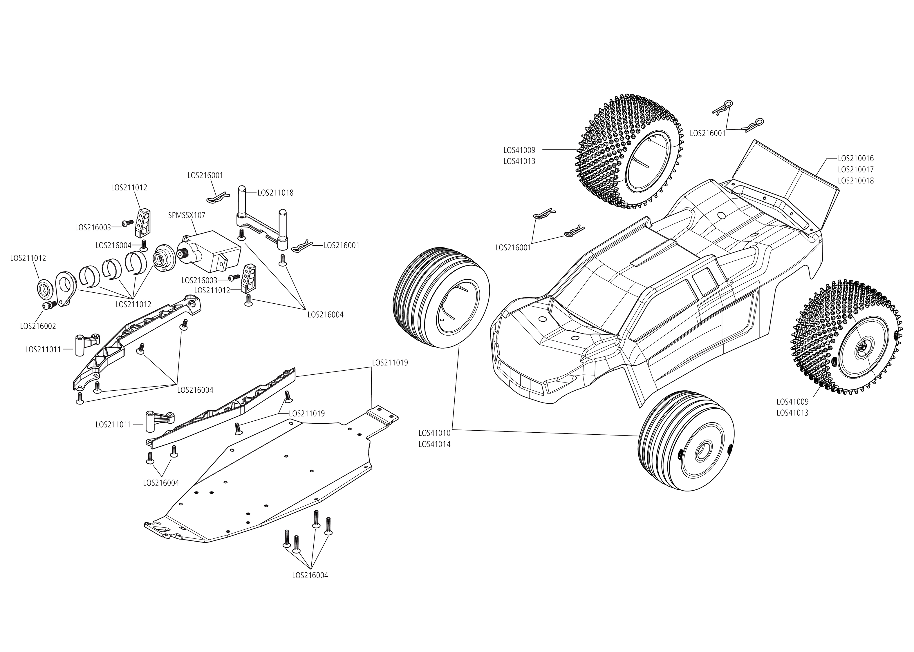 Exploded view Losi Mini T 2.0 Brushless 1 18 RTR Chassis Astra