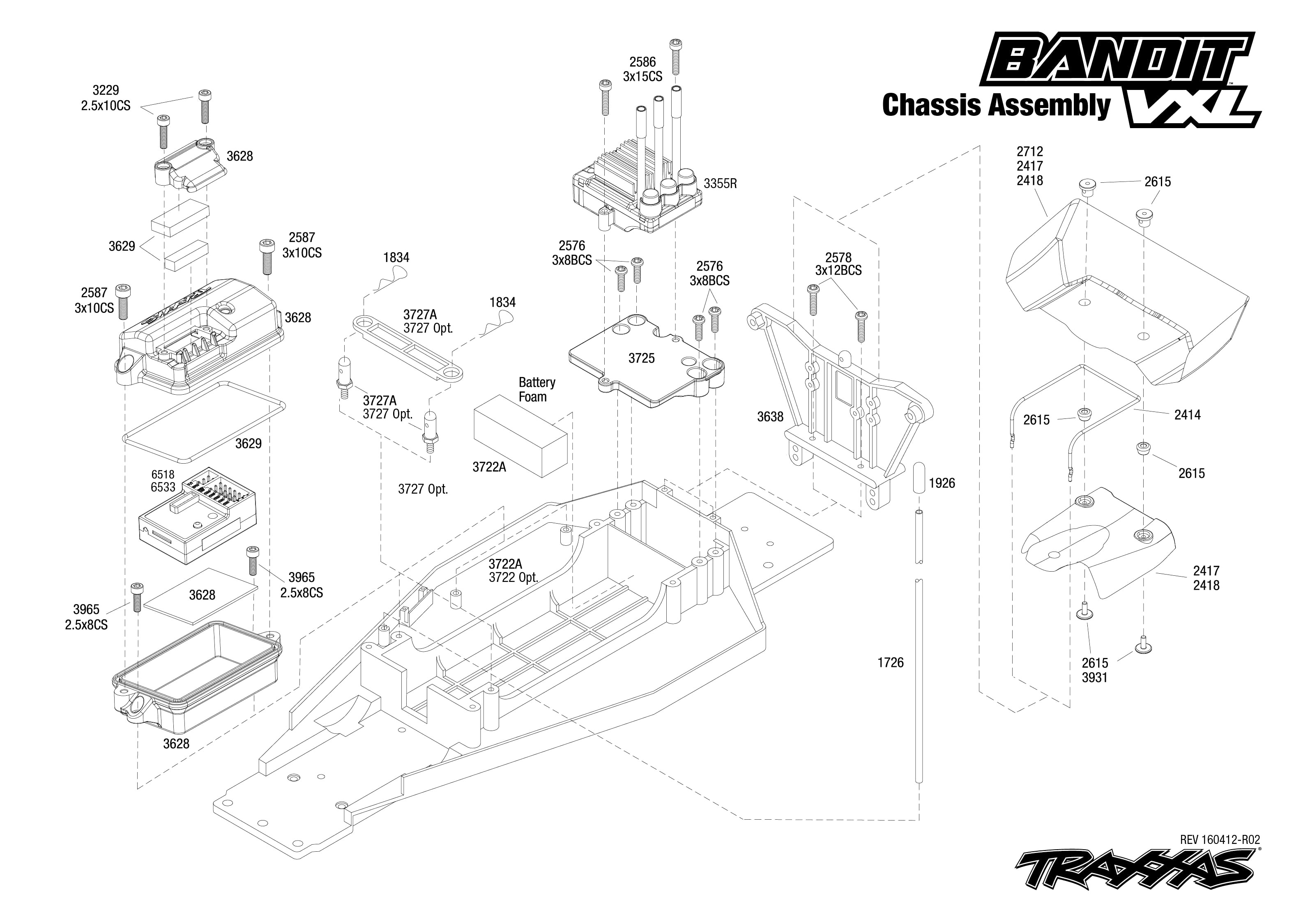 Exploded view Traxxas 2407 Bandit VXL Chassis Astra